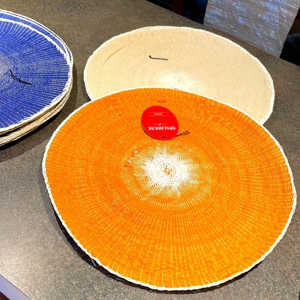 5 Opalhouse Placemats , durable paper, 15 inches, 1 orange, 3 natural, 1 blue